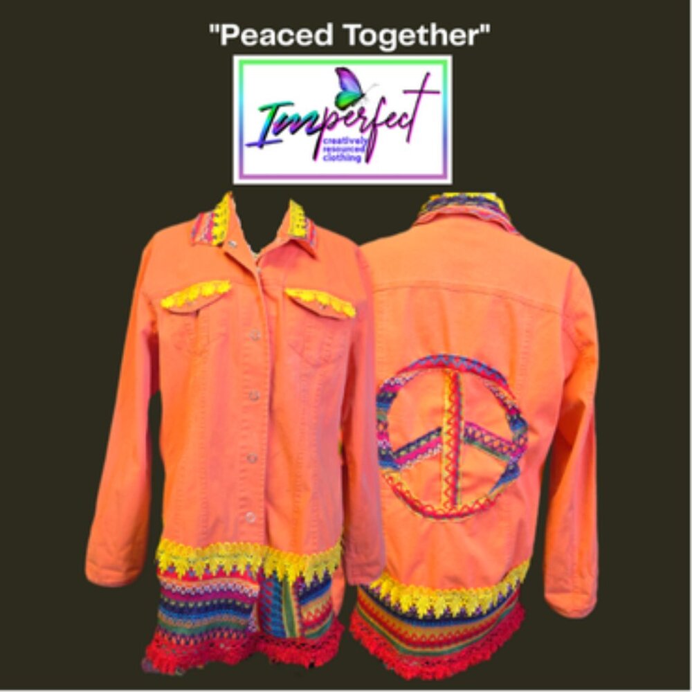 Upcycled lightweight orange jacket with peace sign applique